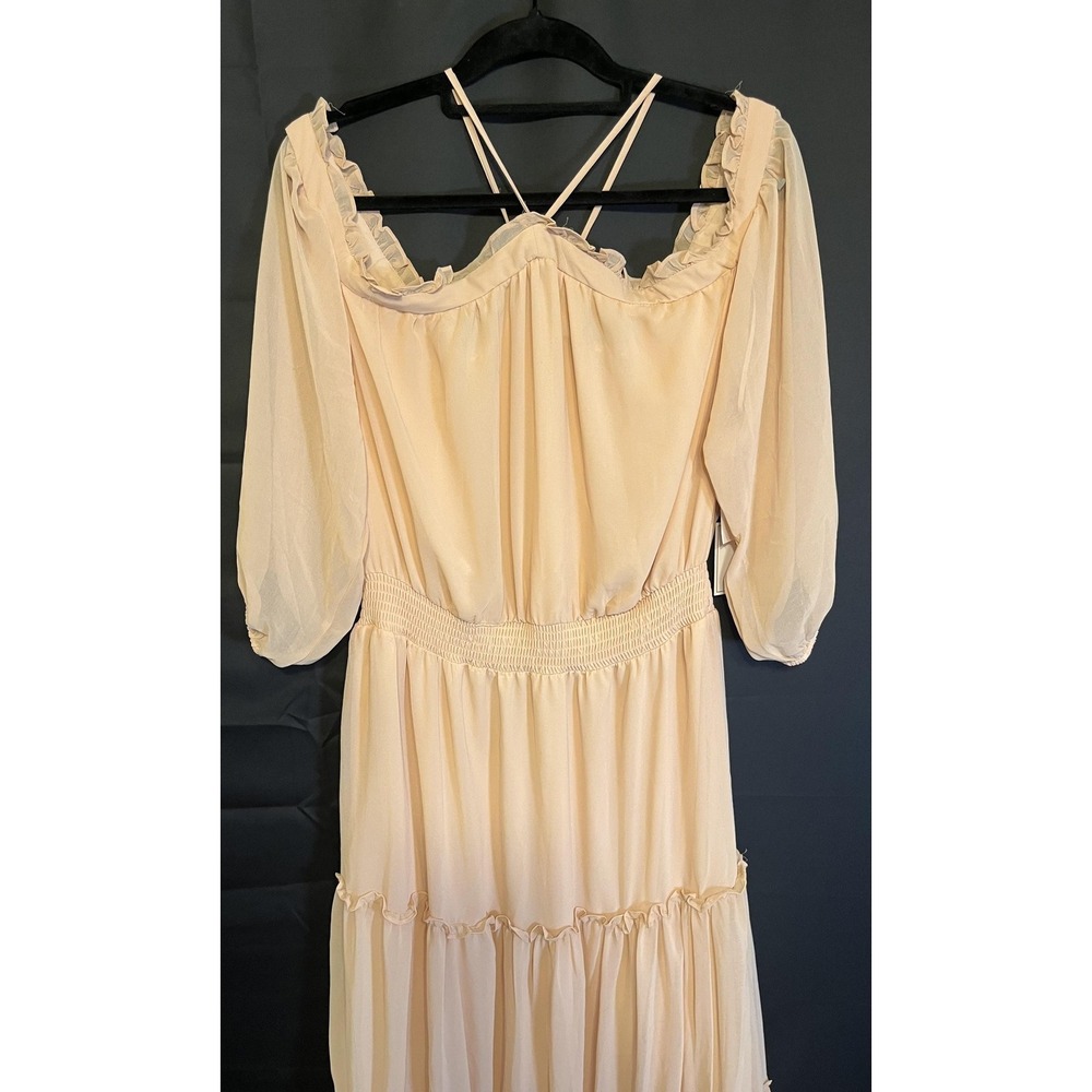 1. STATE Dress Womens XL Beige Autumnal Tones Off Shoulder Tiered Midi Chiffon - Picture 4 of 16